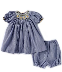 Petit Ami Baby Girls Puffed Sleeve Sunflower-Embroidered Bishop-Smocked Checked Fit & Flare Dress