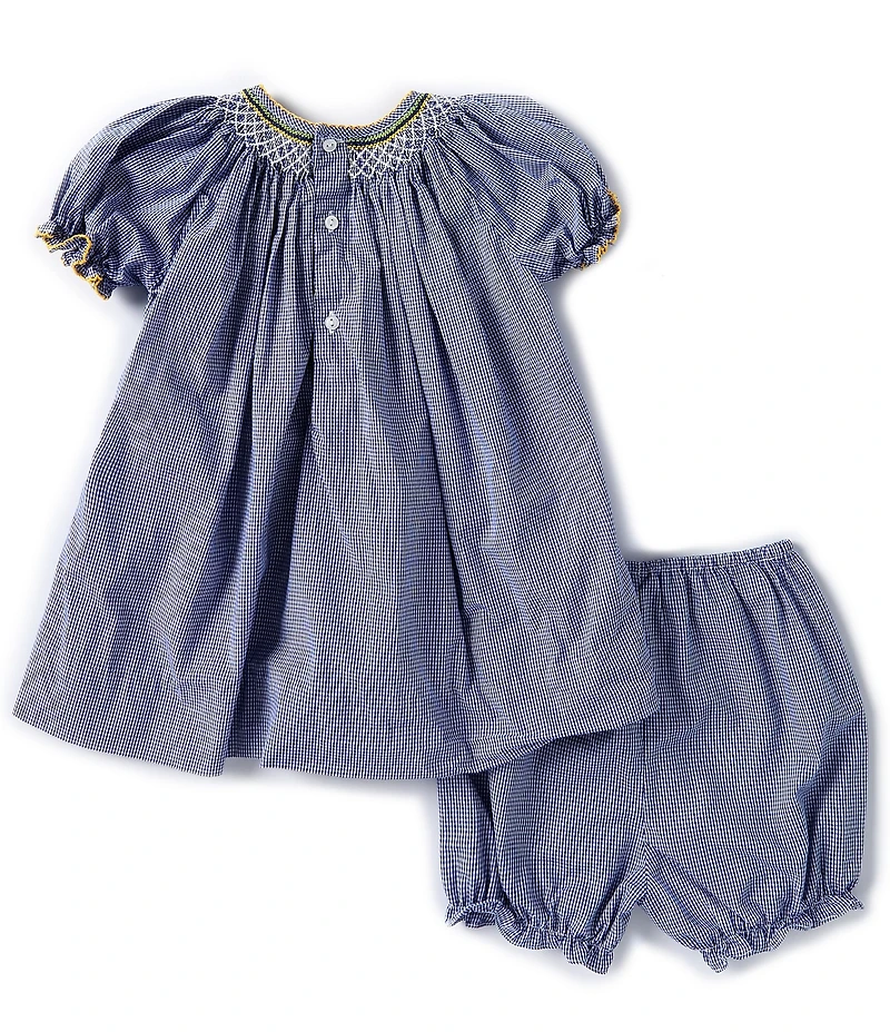 Petit Ami Baby Girls Puffed Sleeve Sunflower-Embroidered Bishop-Smocked Checked Fit & Flare Dress