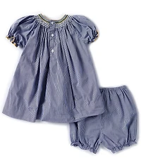 Petit Ami Baby Girls Puffed Sleeve Sunflower-Embroidered Bishop-Smocked Checked Fit & Flare Dress