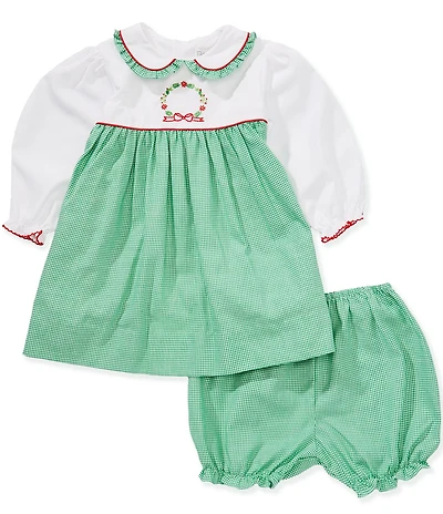 Petit Ami Baby Girls Long-Sleeve Color Block Christmas Wreath Embroidered Fit-And-Flare Dress