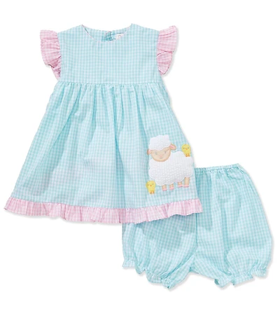 Petit Ami Baby Girls Seersucker Gingham Color Block Lamb and Chick Applique Fit-And-Flare Dress