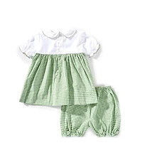 Petit Ami Baby Girls Short Sleeve 2-Tone Gingham Fall Floral Wreath Dress With Matching Bloomers