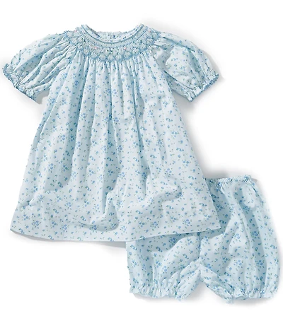 Petit Ami Baby Girls Short Sleeve Floral Print Bishop Smocked Dress & Matching Bloomers