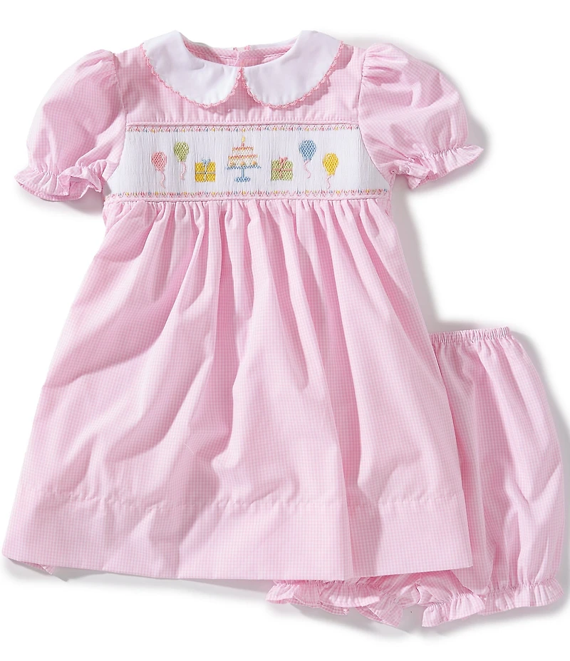 Petit Ami Baby Girls Short Sleeve Hand Picture Smocked Birthday Dress With Matching Bloomers