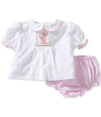 Petit Ami Baby Girls Short Sleeve Peter Pan Collar Bunny Smocked Top & Diaper Set
