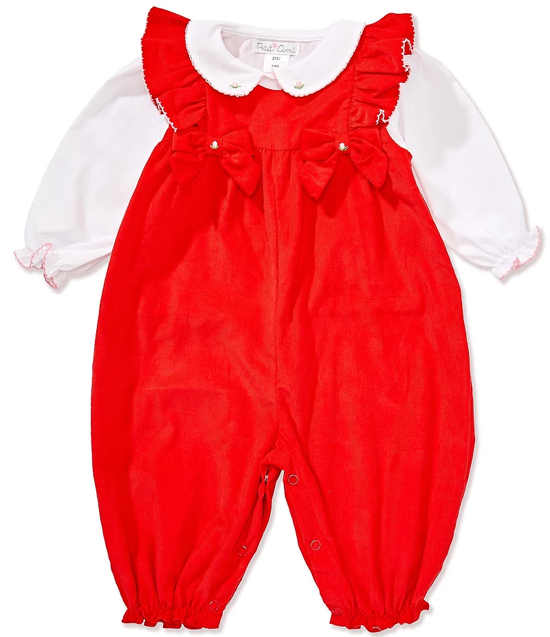 Petit Ami Baby Girls Sleeveless Bow-Accented Corduroy Coverall & Long-Sleeve Woven Shirt Set