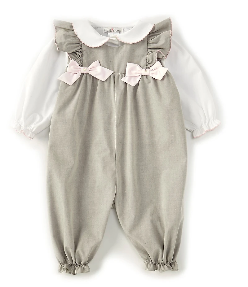 Petit Ami Baby Girls Sleeveless Bow-Accented Corduroy Coverall & Long-Sleeve Woven Shirt Set