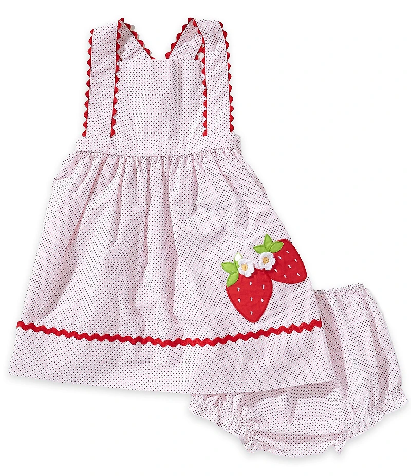 Petit Ami Baby Girls Sleeveless Pindotted Strawberry Applique Pinafore Dress