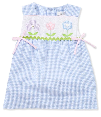 Petit Ami Baby Girls Sleeveless Seersucker Flower Applique Bow Detail Dress