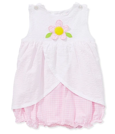 Petit Ami Baby Girls Sleeveless Seersucker Overlay Asymmetrical Skirt 3-D Flower Applique Sun Bubble Romper