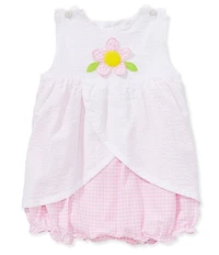 Petit Ami Baby Girls Sleeveless Seersucker Overlay Asymmetrical Skirt 3-D Flower Applique Sun Bubble Romper