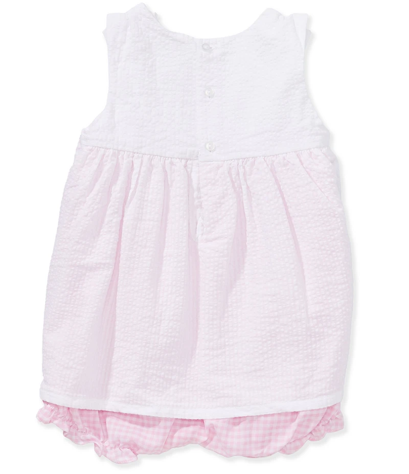 Petit Ami Baby Girls Sleeveless Seersucker Overlay Asymmetrical Skirt 3-D Flower Applique Sun Bubble Romper