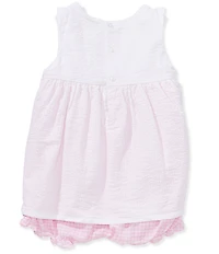 Petit Ami Baby Girls Sleeveless Seersucker Overlay Asymmetrical Skirt 3-D Flower Applique Sun Bubble Romper