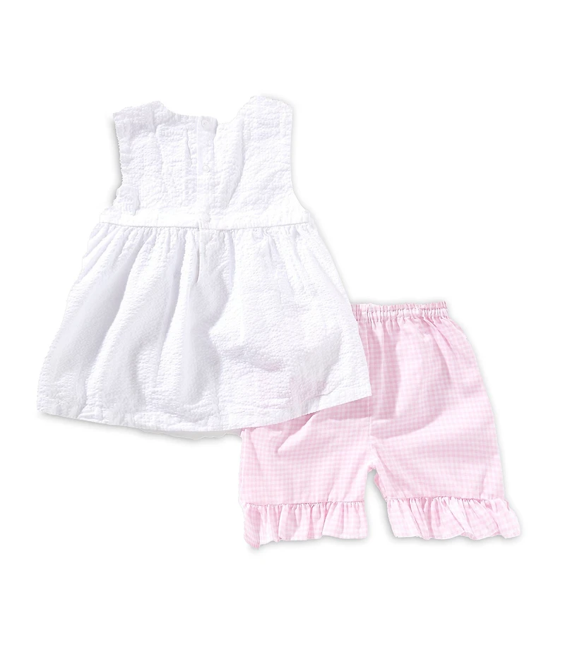 Petit Ami Little Girls Sleeveless Flower-Appliqued Tunic Top & Gingham-Printed Shorts Set