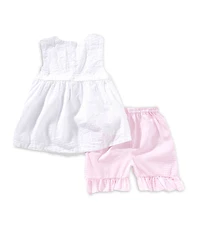 Petit Ami Little Girls Sleeveless Flower-Appliqued Tunic Top & Gingham-Printed Shorts Set