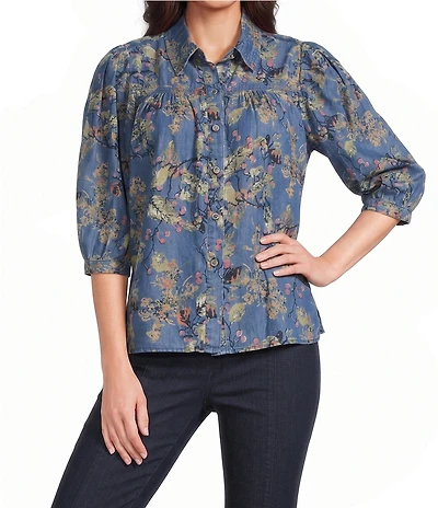 Intro Petite Size Floral Print Lyocell 3/4 Sleeve Button Front Placket Blouse