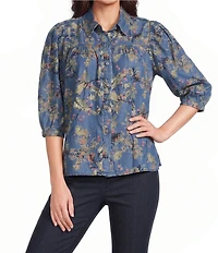 Intro Petite Size Floral Print Lyocell 3/4 Sleeve Button Front Placket Blouse