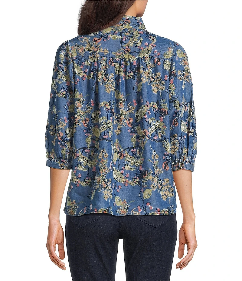 Intro Petite Size Floral Print Lyocell 3/4 Sleeve Button Front Placket Blouse