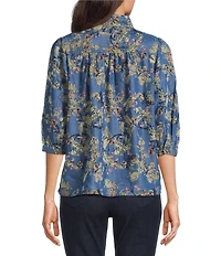 Intro Petite Size Floral Print Lyocell 3/4 Sleeve Button Front Placket Blouse