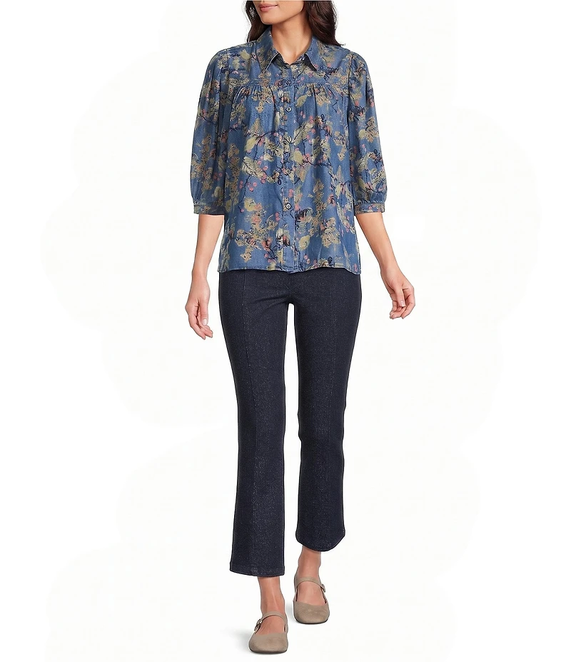 Intro Petite Size Floral Print Lyocell 3/4 Sleeve Button Front Placket Blouse