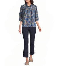 Intro Petite Size Floral Print Lyocell 3/4 Sleeve Button Front Placket Blouse