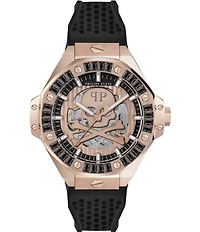 Philipp Plein Men's Plein Skeleton Royal Automatic Black and Rose Gold Silicone Strap Watch