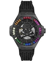 Philipp Plein Men's Plein Skeleton Royal Automatic Black and Multi Rhinestones Silicone Strap Watch