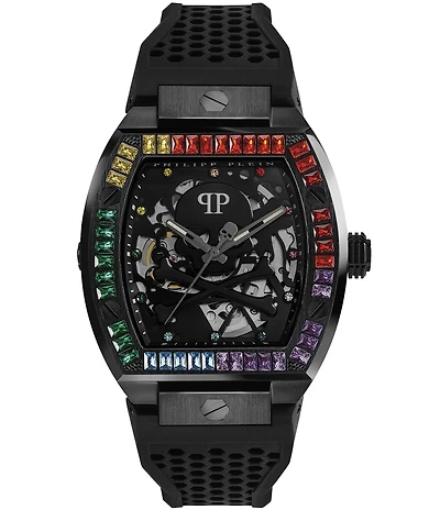 Philipp Plein Men's The Rainbow Stones Skeleton Automatic Black Silicone Strap Watch