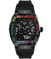 Philipp Plein Men's The Rainbow Stones Skeleton Automatic Black Silicone Strap Watch