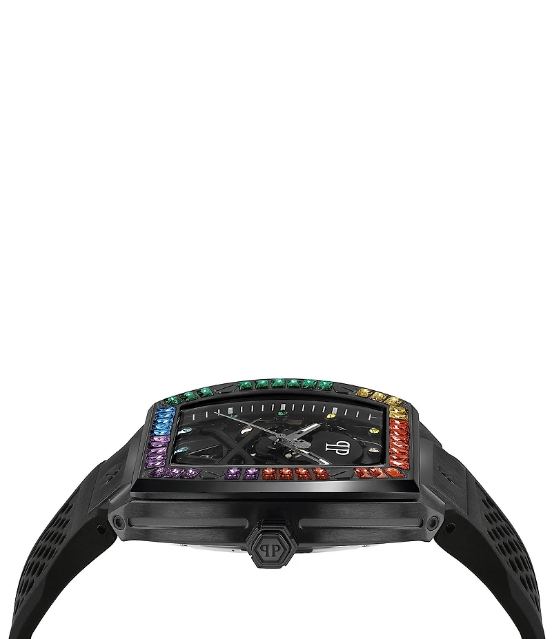 Philipp Plein Men's The Rainbow Stones Skeleton Automatic Black Silicone Strap Watch