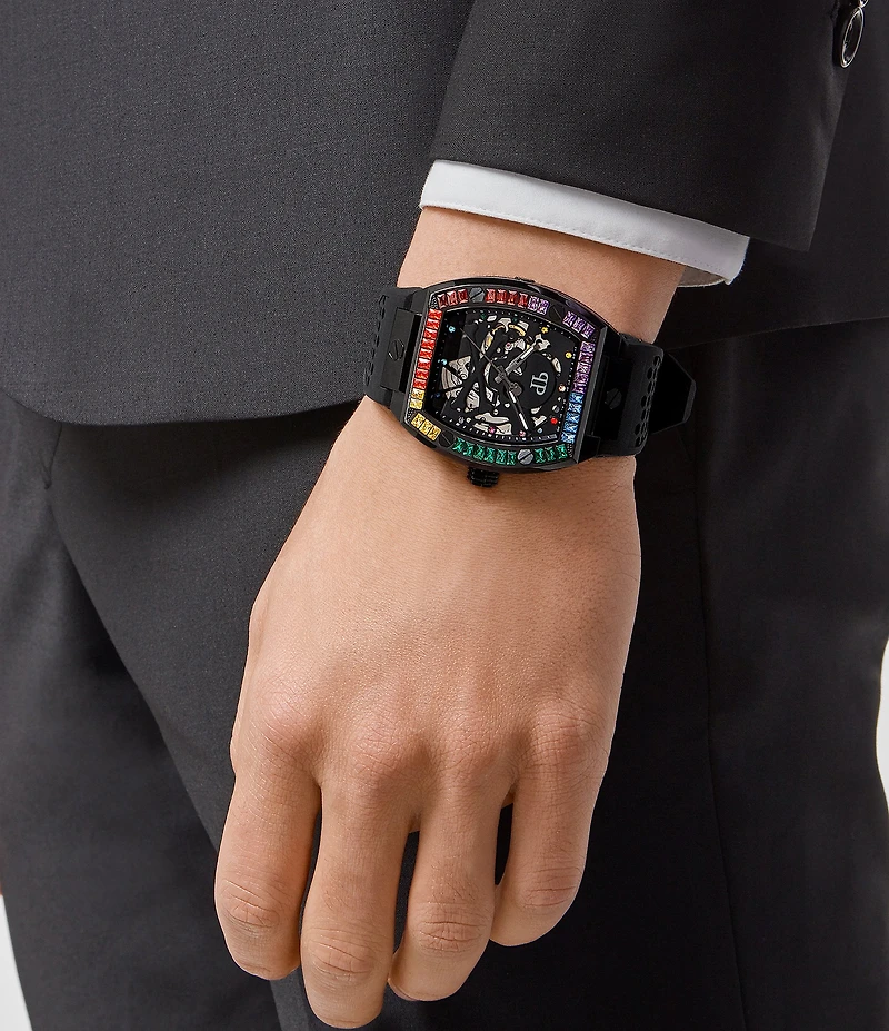 Philipp Plein Men's The Rainbow Stones Skeleton Automatic Black Silicone Strap Watch