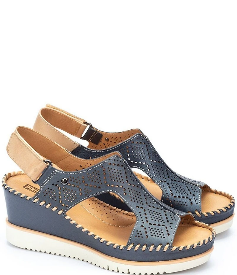 Pikolinos Aguadulce Leather Cut-out Perforated Platform Wedge Sandals