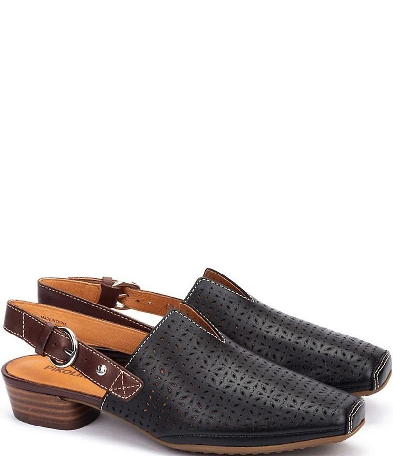 Pikolinos Alameda Perforated Leather Block Heel Slingback Mules