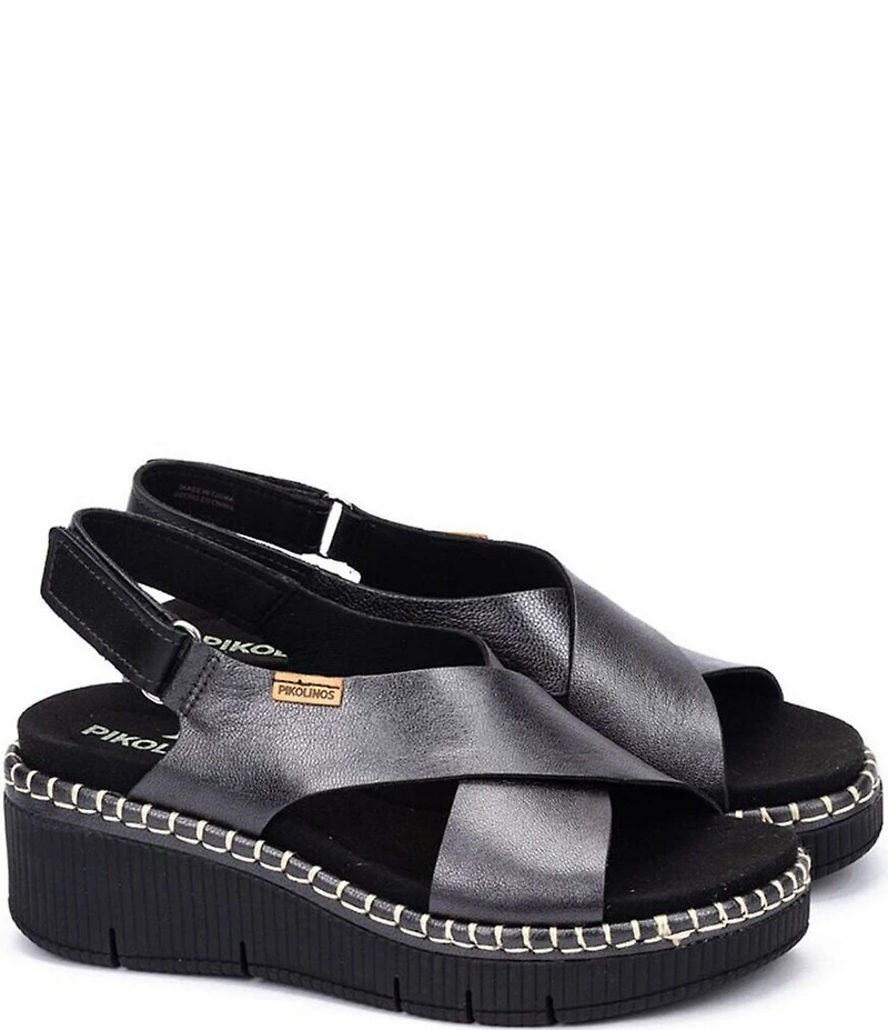 Pikolinos Gomera Leather Platform Wedge Cross Band Slingback Sandals