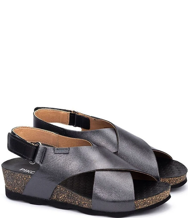 Pikolinos Mahon Leather Cross Strap Platform Wedge Sandals