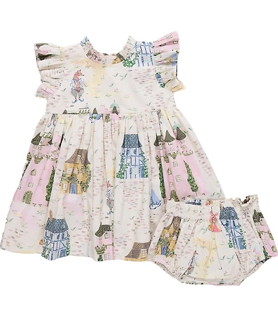 Pink Chicken Baby Girls Jennifer Whimsical Castle Cotton Ruffle Sleeve Dress & Diaper Cover Set