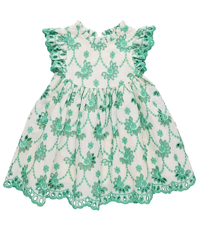 Pink Chicken Big Girls Cynthia Eyelet Cotton Ruffle Neck Flutter Sleeve Scallop Hem Dress