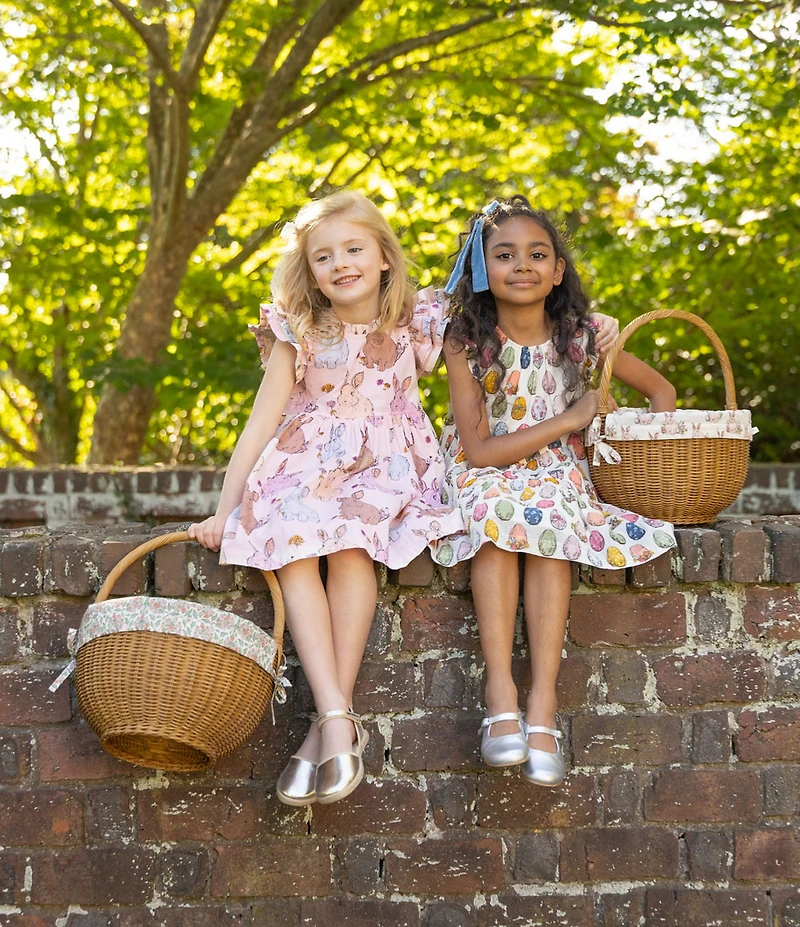 Pink Chicken Big Girls Eloise Cotton Egg Print Sleeveless Bow Ruffle Dress