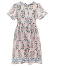Pink Chicken Big Girls Elowen Sailor Floral Print Peter Pan Collar Short Sleeve Glitter Button Front Dress