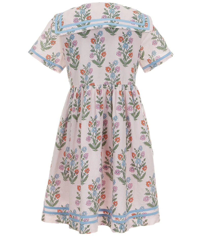 Pink Chicken Big Girls Elowen Sailor Floral Print Peter Pan Collar Short Sleeve Glitter Button Front Dress
