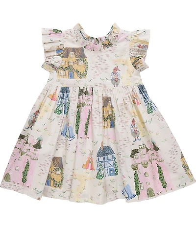 Pink Chicken Big Girls Jennifer Whimsical Castle Print Cotton Ruffle Sleeve A-Line Dress