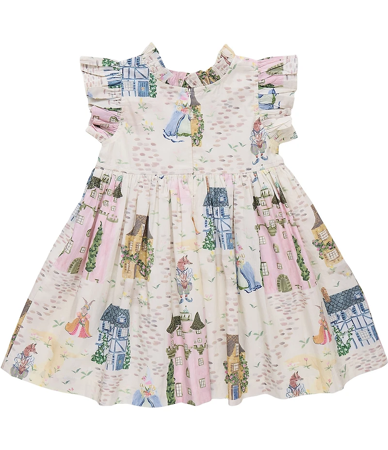 Pink Chicken Big Girls Jennifer Whimsical Castle Print Cotton Ruffle Sleeve A-Line Dress