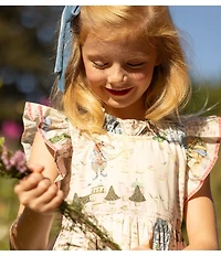 Pink Chicken Big Girls Jennifer Whimsical Castle Print Cotton Ruffle Sleeve A-Line Dress