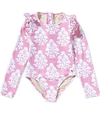 Pink Chicken Big Girls Long Sleeve Ruffle Shoulder Floral One Piece Rachel Rashguard Swimsuit