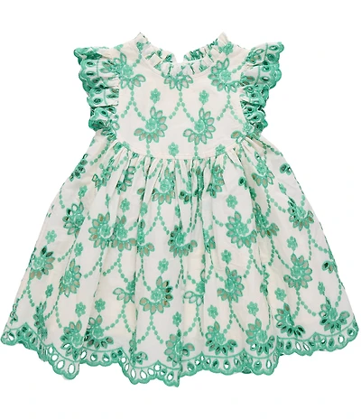 Pink Chicken Little Girls Cynthia Eyelet Cotton Ruffle Neck Flutter Sleeve Scallop Hem Dress