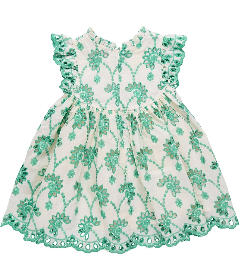 Pink Chicken Little Girls Cynthia Eyelet Cotton Ruffle Neck Flutter Sleeve Scallop Hem Dress