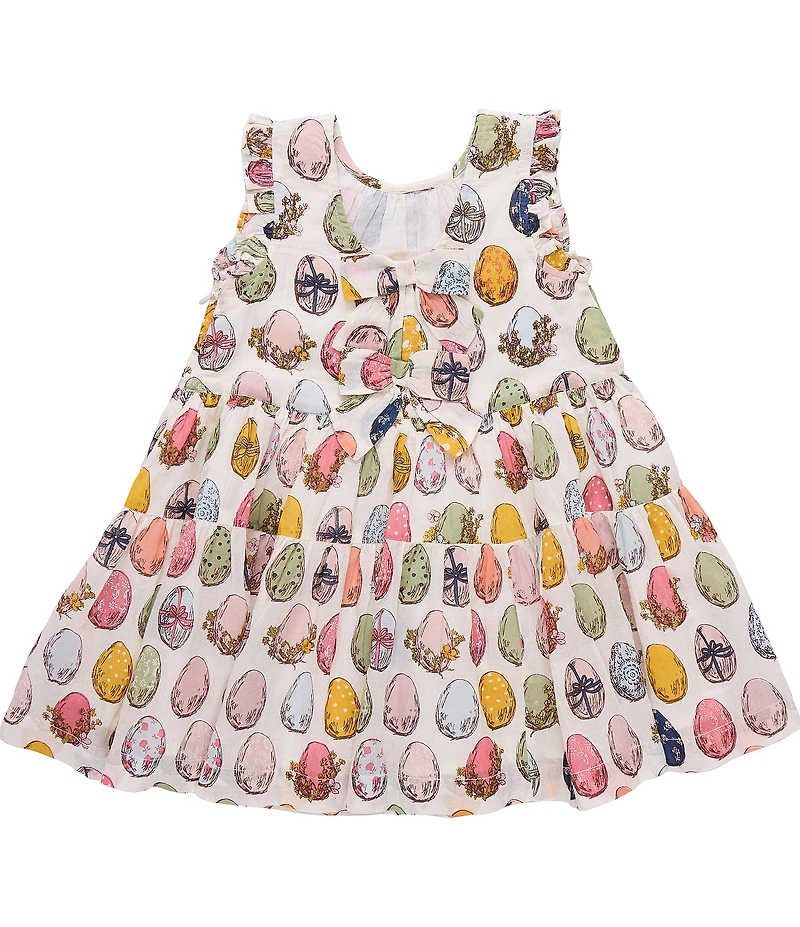 Pink Chicken Little Girls Eloise Cotton Egg Print Sleeveless Bow Ruffle Dress