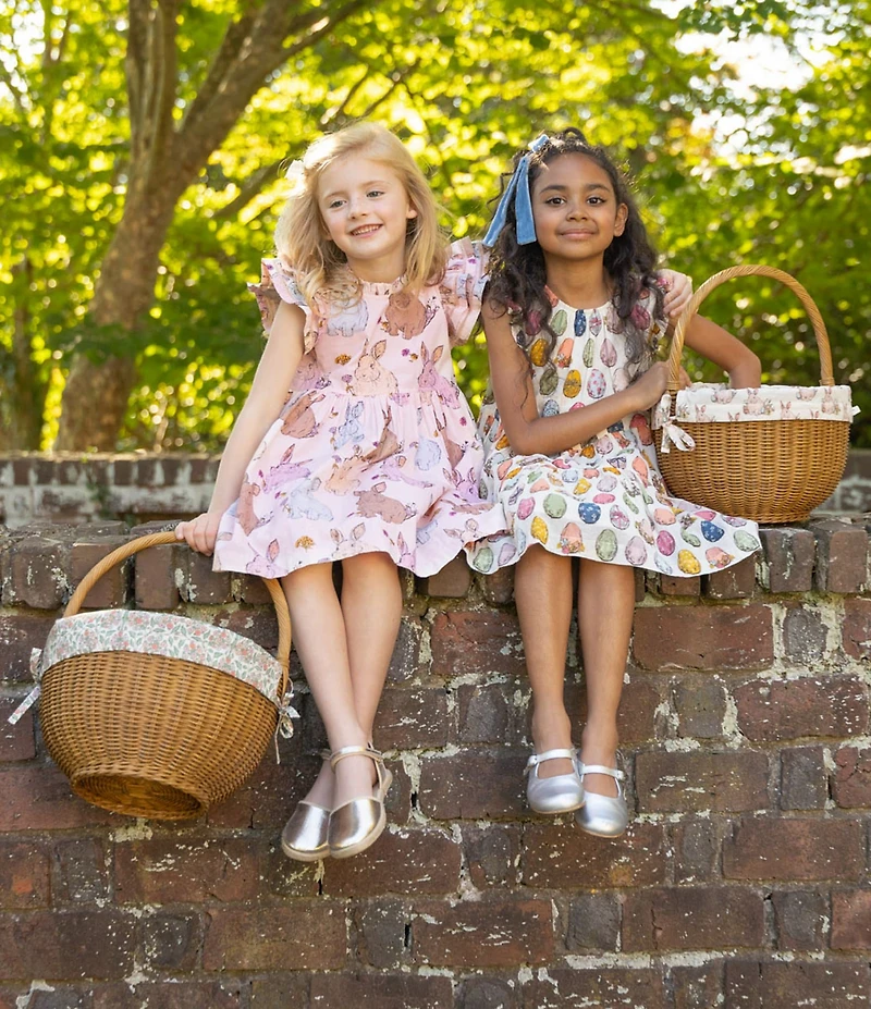 Pink Chicken Little Girls Eloise Cotton Egg Print Sleeveless Bow Ruffle Dress
