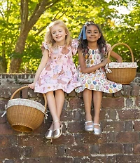 Pink Chicken Little Girls Eloise Cotton Egg Print Sleeveless Bow Ruffle Dress