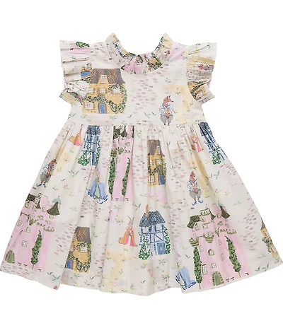 Pink Chicken Little Girls Jennifer Whimsical Castle Print Cotton Ruffle Sleeve A-Line Dress